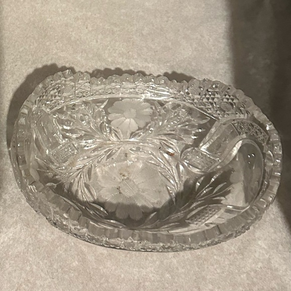 Etched Crystal Serving  Oval Dish Bowl Sawtooth Cut Edge Daisy Elegant - Picture 2 of 2